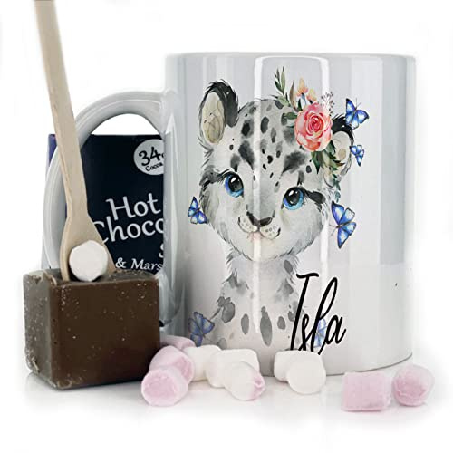 Hairyworm Personalised Mug and Belgian Milk Chocolate/Hot Chocolate Stirrer Marshmallow Gift Set, Custom Name (11oz) White, Yellow, Blue, Black, Pink Mug with Leopard Butterflies Design