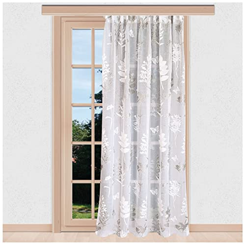 SeGaTeX home fashion Langstore Avara Store Gardine Vorhang in weiß-Silber halbtransparent mit Blatt-Muster und Schmetterlingen Dekoschal mit Reihband Ausbrenner Höhe 150-260 cm x Breite 140 cm
