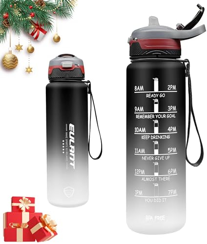 EULANT 1L Borraccia Sportiva con Cannuccia, Bottiglia d Acqua in Tritan per Corsa Ciclismo Lavoro Palestra, con Indicatore del Tempo & Serratura a Prova di Perdite, Senza BPA, Nero & Bianco