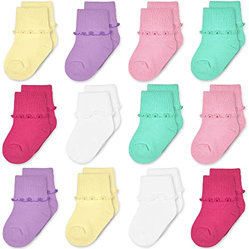TRAMLE Baby Girls Socks 12 Pack Ruffle Ripple Edge Turn Cuff Ankle Socks Toddlers Infants (1-3 Age)