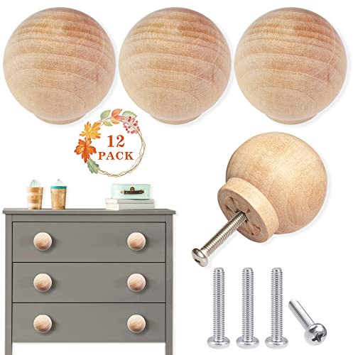 ETIUC 12 Pack Wood Ball Knobs - 1-1/2 inch Round Natural Wooden Furniture Knobs for Cabinet, Dresser, Wardrobe, Cupboard, Kitchen, Door Pulls and Handles