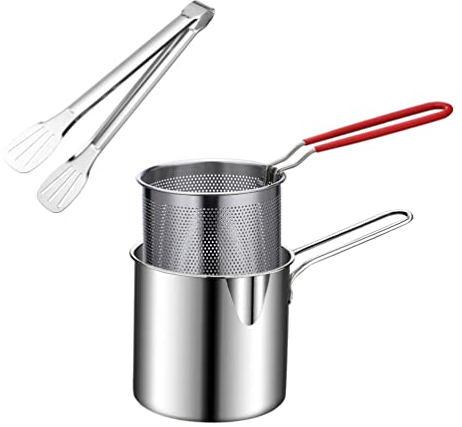 UPKOCH 1 Set Stainless Steel Deep Fryer Pot with Fry Basket and Food Tong, Deep Frying Pan for Chips and Fried Chicken, 304 Steel Pan with Silicone Handle