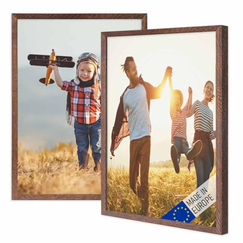 PHOTOLINI Bilderrahmen Holz A3 30x42 Eiche Dunkel, Holzbilderrahmen DIN A3 Made in EU, 2er Set, bruchsicheres Acrylglas, zum Aufhängen, extra Zubehör - für Ihre liebsten Fotos & Bilder