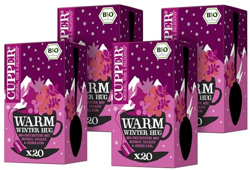 Cupper Bio-Früchtetee Warm Winter Hug, 4er Pack, 80 ungebleichte Teebeutel, umweltfreundlich, fair gehandelt