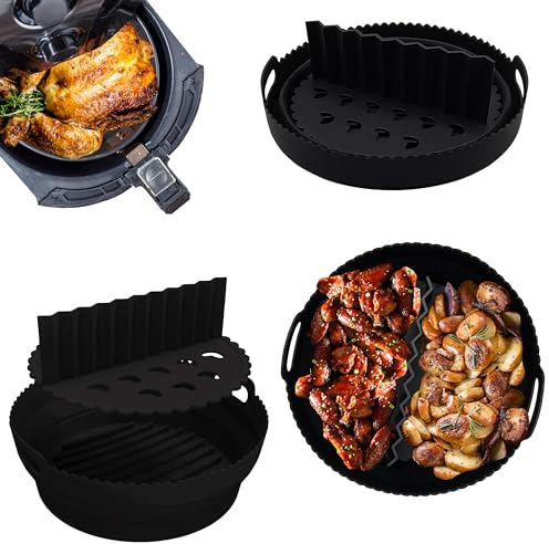Round Black Silicone Air Fryer Liner 8 Inch, Collapsible with Divider, Ninja Tower Air Fryer 5.2L, Air Fryer Accessories 5.5L / Instant Cook Easy Clean
