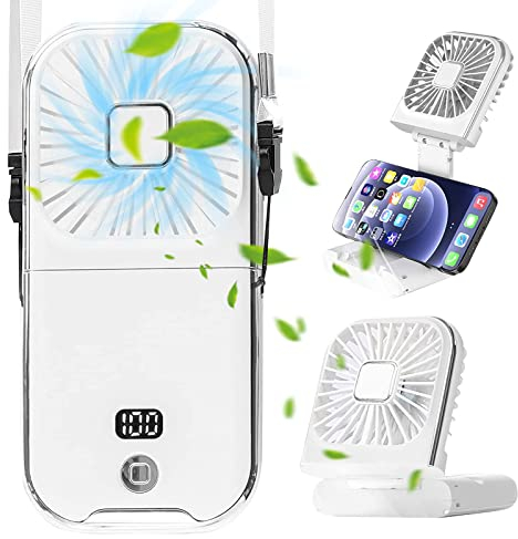 Mini Ventilatoren USB Wiederaufladbarer, Foldable Handventilator Tragbarer, mit 3000 mAh Powerbank, Type-C Display, Telefonhalter, 4 Geschwindigkeiten Einstellung für Auto Schlafzimmer Büro (Weiß)