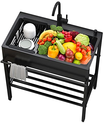 WORDFUN Fregadero De Cocina Comercial, Fregadero Independiente De Acero Inoxidable, Mueble Pila Lavadero, Fregadero Camping con Grifo, Fregadero Exterior, Fregaderos De Un Seno
