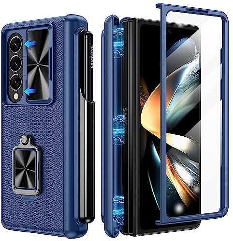 Doeshine for Samsung Galaxy Z Fold 4 Case with 360° Ring Kickstand, Blue
