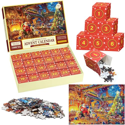 Adventskalender Puzzle 2025, 1008 Teile Weihnachts Puzzle, Puzzles Adventskalender Erwachsene, Weihnachtspuzzle Countdown bis Weihnachten, Weihnachtskalender Advent Calendar Weihnachten Geschenke