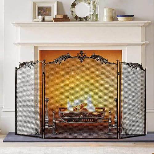 Funkenschutzgitter 3-teiliger Kamin-Funkenschutz, Antik-Finish mit Hohlen Schnitzereien, Wohnzimmerdekor-Bogenschutz für Holzkohlefeuer