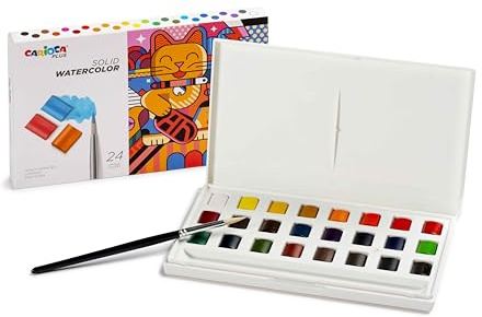 Carioca Plus - Acuarelas Profesionales Sólidas, Set 24 Colores Con Pincel | Estuche Profesional De 24 Acuarelas Sólidas con Pincel, Alta Pigmentación sin Residuo Tiza