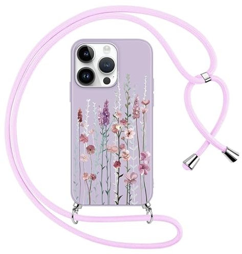 Foonary Mobile Phone Case with Strap for iPhone 13 Pro, 6.1 Inches, Mobile Phone Case, Flower Lavender Design, Chain Necklace Case with Cord for Hanging, Silicone Bumper Protective Cover Cord for