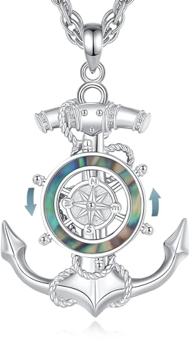 CELESTIA Drehbar Nautischer Kompass Kette Damen Herren Anker Anhänger Silber 925 Perlmutt Schmuck Segeln Geschenk Maritime Schulabschluss Geschenke Reisegeschenke Frauen