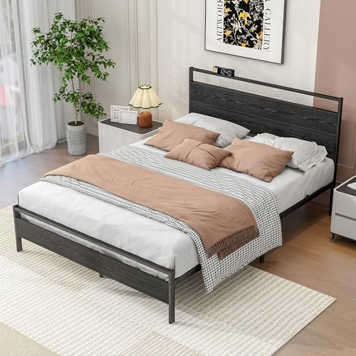 BORPHOM King Size Bed Frame with Storage Wooden Headboard,Metal Platform Bed Frame King Size Bed Base with Strong Metal Slats,Mattress Base,Under-bed Storage,Noise Free,Black