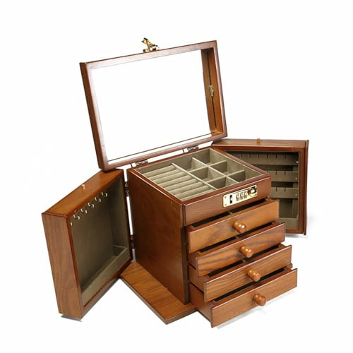 Quiltern Schmuckkasten Schmuckschrank 5 Schichten Schmuckschrank Schatulle aus Holz Große Schmuckkästchen mit Spiegel 5 Schichten+2 ausklappbare Schränke Braun