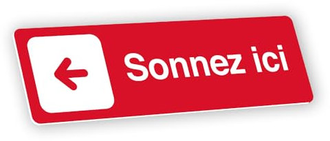 Plaque signalétique gravée autocollante Sonnez ici flèche gauche - rouge - format 12x3,7 cm