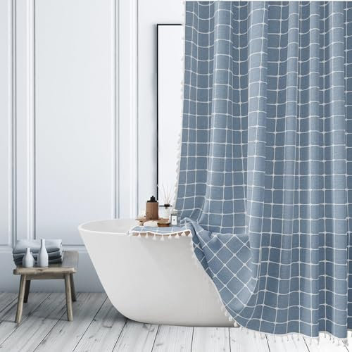 ggaimwf Tenda da doccia in stile Boho Blu Tende da doccia per il bagno Moderna Fattoria Minimalista di Campagna Tenda da vasca Tenda da doccia in tessuto di lino tessuto pesante con nappe 180x210 cm