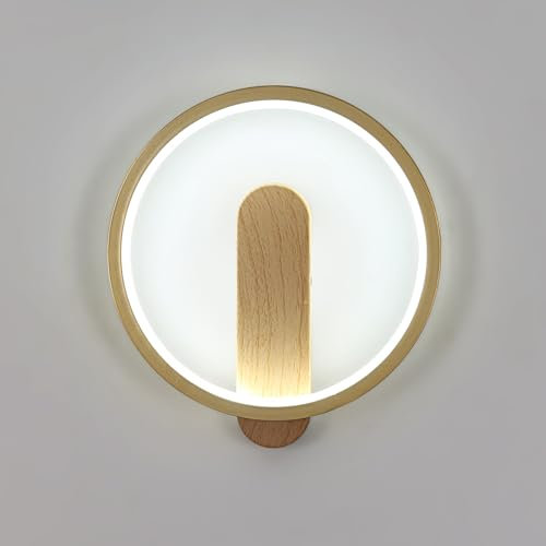 Goeco LED Wandlampe Innen, 15W 1600LM LED Wandleuchten Rund 6500K Kaltweißes Licht, Wandbeleuchtung Modernes für Schlafzimmer Wohnzimmer Treppe Flur, Holzfarbe