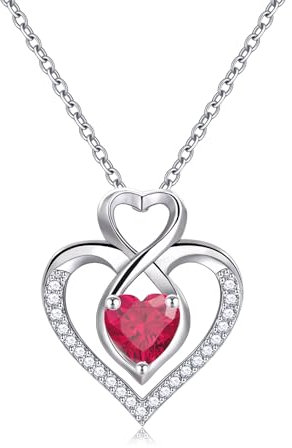 Sterling Silver July Birthstone Necklace for Women Heart Pendant Necklace S925 Silver Infinity Necklaces Double Heart Ruby Wedding Anniversary Jewellery Birthday Gifts for Her Ladies Girls Mum