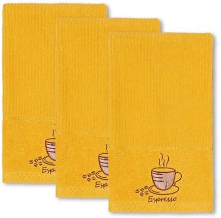 La Maison Woven Embroidered Tea Towels Pack of 3 Large 40 x 70cm Super Absorbent Housewarming Gifts 4 Styles Cotton Rich (Mustard, Espresso)