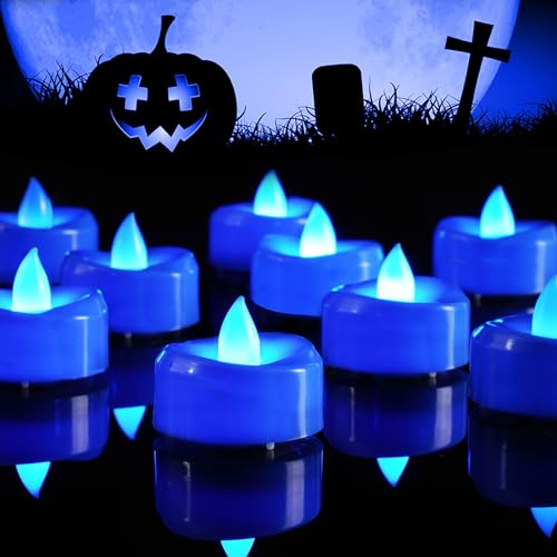 AMAGIC Blue Colour Tea Lights with Battery Operated, 24-Pack, Flameless Candle, Electric Candel, Last 200+ Hours, for Party Home Decorations, Thanksgiving, Bright Flickering