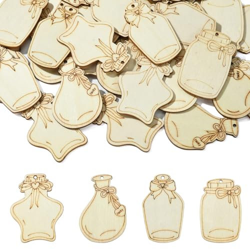KitBeads 40Pcs 4 Styles Blank Wishing Bottle Wood Cutouts Unfinished Star Shaped Wooden Cutouts Wood Jar Cutouts for DIY Crafts Hanging Decorations