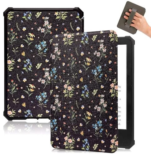 Fancity Kompatibel mit Kindle 11. Generation 2022 2024 Hülle, PU-Leder Weiche TPU Hülle mit Handschlaufe Intelligente Schlaf/Wach für 6 Zoll Kindle 11th Generation 2022 2024, Black Floral