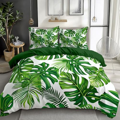 Quixora Reversible Super King Duvet Cover Set with 2 Pillowcases Dark Green, Tropical Leaves Monstera Bedding Quilt Covers, 260 x 220 cm