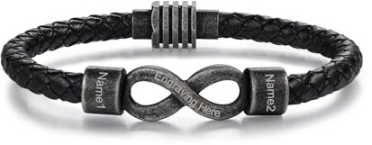 Wamantic Mens Leather Bracelet Personalised Gifts: Infinity Bracelet To My Man Mens Jewellery Christmas Gifts for Him Dad Grandad Boyfriend Couples (2 Beads)