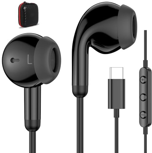 USB C Headphones USB Type C Earbuds for Google Pixel 9a iPad 10th Gen iPhone 16 15 for Samsung Galaxy A16 A56 S24 S25 Wired Earphones with Mic Volume Control Noise Isolating HiFi Stereo Headset Black
