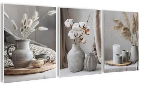 artissimo, Bilderset 3er-Set, PE6757-DS, 3 Bilder 30x40cm, moderne Bilderwand, Wandbilder-Set 3-teilig, weiß beige, Gräser, Dekobilder: moderne Stillleben boho