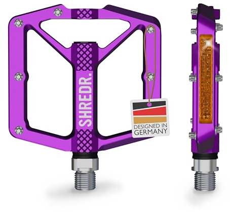 SHREDR. Shine Pedali per MTB, pedali piatti di alta qualità per mountain bike, con riflettori (conformi alle norme locali vigenti), colore viola, M