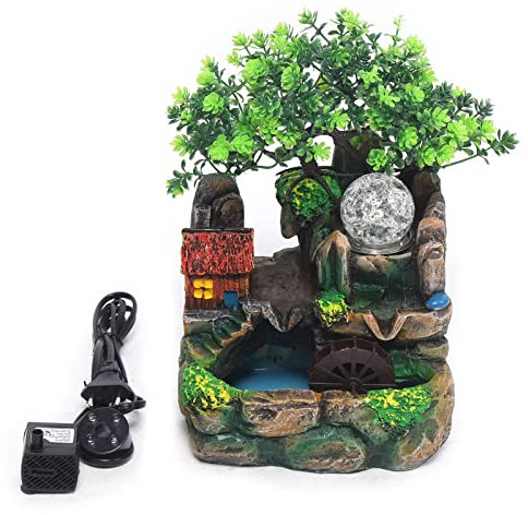 Qussse Zimmerbrunnen mit LED Beleuchtung Tischbrunnen mit Nebel Befeuchtung Grüne Pflanze Brunnen Deko Innen Springbrunnen Wasserfall für Wohnzimmer Schlafzimmer und Büro