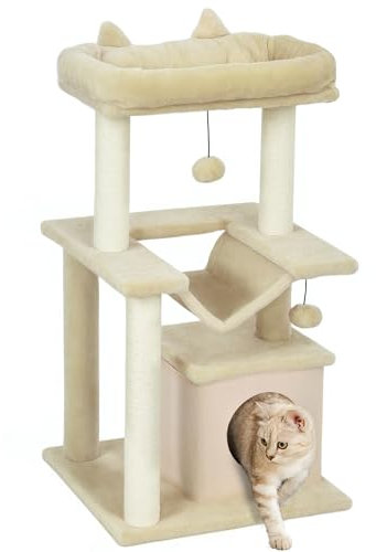 PawHut Árbol para gatos de 90 cm con hamaca, árbol de juegos, cueva para gatos, plataformas, trepadora, rascador de actividad, sisal de peluche, color crema
