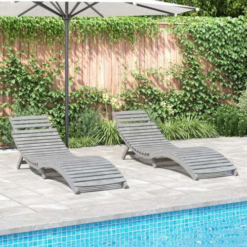 SDWEHO7 2er Set Sonnenliegen aus Holz, Klappbarer Liegestuhl, Gartenliege, wetterfest Outdoor Relaxliege für Balkon und Terrasse, Grau 184x55x64 cm Massivholz Akazie