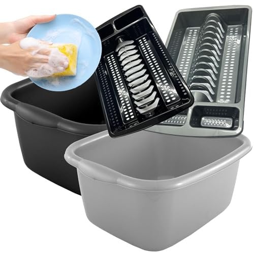 STORM TRADING GROUP Rectangular Washing Up Bowl & Dish Drainer Rack Kitchen Sink Plate Holder (Black Washing Up Bowl & Black Dish Drainer Rack)