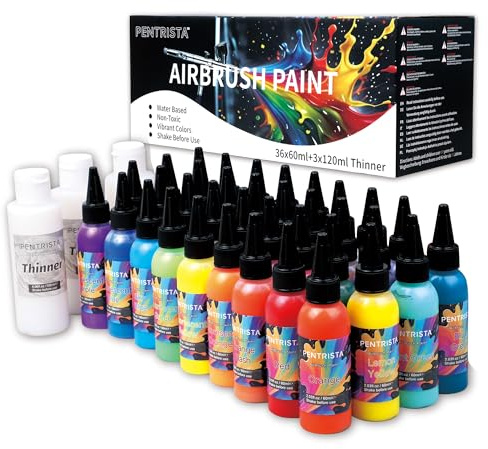 PENTRISTA 36 Colors Airbrush Paint (2.03 oz,60ml) with 3 Thinners,Large Bulk Air Brush Paint Set with Flash Neon & Metallic Colors, Acrylic Airbrush Painting for Nails, Model, Metal, Wood, Canvas