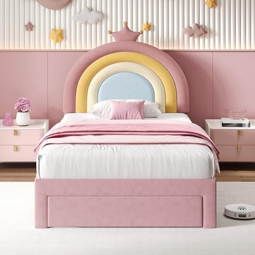 Upholstered Bed with Storage Drawer, 3ft Single Bed Frame with Adjustable Crown Rainbow Headboard&Wooden Slats, Velvet Upholstered Platform Bed for Adults Kids Teenagers, No Mattress, Pink, 90x190 cm
