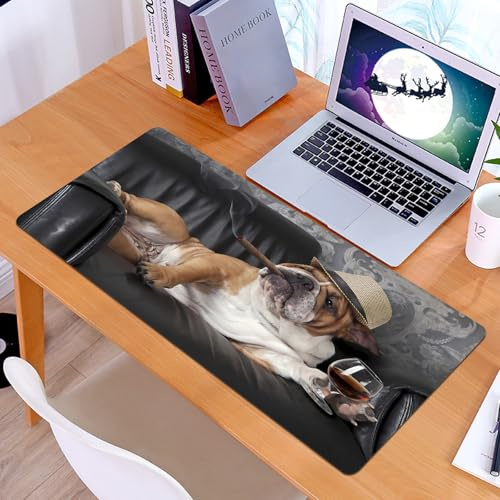 KDWJS Gaming Mouse Pad Mouse Mat - 35.5 x 16 in - XXL mousepad - Table mat large size - improved precision and speed - Happy lazy dog English Bulldog on a leather armchair sofa