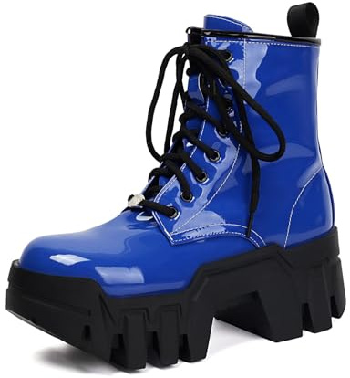 Stivali da Combattimento in Vernice con Punta Rotonda da Donna Tacco Grosso Piattaforma Stivaletti Lacci Stivaletti Corti con Cerniera,Blu,41.5 EU