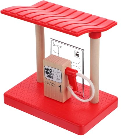 Holz Zug Tankstelle für Junge Mädchen, Rotes Zubehör Holzeisenbahn Modell | Lifelike Details, Leichtes Holz, Praktisch für Zuhause, Bürodeko und Bahnlandschaft, 1 Stück