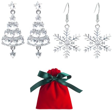 2 Paar Ohrringe Für Weihnachtsdekoration, Weihnachtsbaum Ohrringe, Schneeflocken-Ornamente, Weihnachten Schneeflocken Hängend, Silber Damen Weihnachtsohrringe für Mädchen Frauen