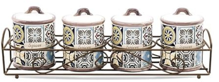 MAESTRO MR-20005-04CS Holiday in Porto Keramikbehälter Set 4-teilig 200ml mit Metallständer – Stilvolle Gewürzaufbewahrung, Hochwertige Keramik, Elegantes Küchenaccessoire