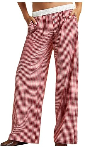 HZling Pantalon Fluide Femme Pantalon Ample à Carreaux Vichy pour Femme,Taille Haute,élastique,Jambe Large,Poches,Ample,vêtements de détente,Grande Taille