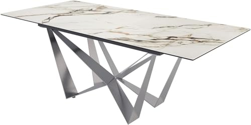DELIFE Esszimmertisch Edge Keramik Calacatta Luxe Weiß-Gold-Grau 180-220x100 Spider Flachstahl Edelstahl ausziehbar