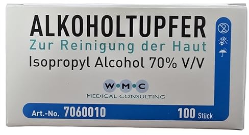 Alkoholtupfer 3x3 cm – 100 Stück einzeln verpackt, 70% Isopropyl-Alkohol, fusselfreie Alkohol Pads zur hygienischen Hautreinigung vor Injektion, Punktion & Blutentnahme
