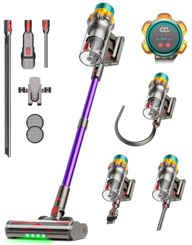 Akku Staubsauger 50000Pa/600W/65Min, staubsauger kabellos mit Display, 2L Staubbehälter, Anti-Tangle-Bürste, Selbststehend, 8-Schicht-Filter, Flexible Fugendüse, für Hartböden/Teppiche/Tierhaare/Auto