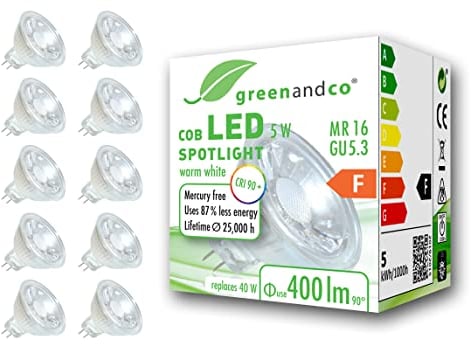 greenandco 10x MR16 GU5.3 | ersetzt 40W | warmweiß 3000K | CRI 90+ | 5W 400 lm | 38° | flimmerfrei | COB LED Spot | 12V AC/DC | nicht dimmbar