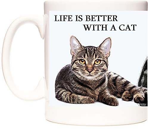 CAT Mug, Life is Better with a CAT. Ceramic Gift Mug with Images of Tabby Cats.