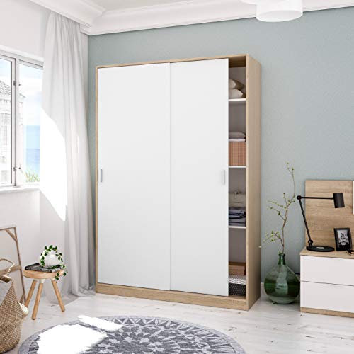 Dmora - Kleiderschrank 2 Türen Waterbury, Schlafzimmerschrank, Schrank mit 4 Regalen und Kleiderstange, 120x50h200 cm, Eiche und Weiß
